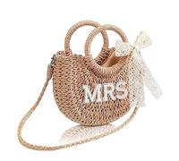 PURPLELILY Sac à bandoulière en paille tissée française compacte avec nœud en dentelle pour mariée/Mme, Mrs, taille unique