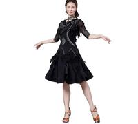 purpleq Femmes Frange Danse Latine compétition Robe de Bal Valse cha cha arête de Poisson Bord Salsa Tango Samba Jupe de Pratique,Noir,M