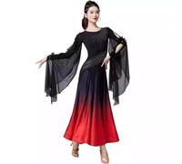 purpleq Femmes Moderne Valse Cha Cha Danse Vêtements Maille Manches Salle de Bal Grand Swing Jupe Salsa Lyrique Flamenco Robe,Rouge,XXL