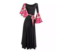 purpleq Femmes Valse Moderne Danse de Salon Vêtements Danse lyrique Grande Jupe Swing Fleur Manches évasées Jupe Flamenco,Noir,M
