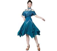 purpleq Frange Robe de Danse Latine pour Femmes épaules dénudées Pompons Valse de Salon cha cha Jupe de Pratique de Salsa avec Collier,Bleu,XL