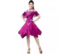 purpleq Frange Robe de Danse Latine pour Femmes épaules dénudées Pompons Valse de Salon cha cha Jupe de Pratique de Salsa avec Collier,Violet,XXL