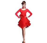 purpleq Robe de compétition de Danse Latine à Franges pour Femmes, Jupe de Pratique Rumba, Valse, Cha Cha, Tango, Salsa,Rouge,M