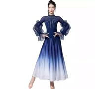 purpleq Robe de Danse de Salon pour Femmes Moderne Valse Cha Cha Salsa Danse Dégradé Grande Jupe Swing Femmes Costume Lyrique,Bleu,XXL