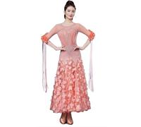 purpleq Robe de Danse de Salon pour Femmes Valse Moderne Cha Cha Salsa Danse Strass Pétale Grand Swing Jupe Robes Lyriques,Rose,XL