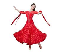 purpleq Robe de Danse de Salon pour Femmes Valse Moderne Cha Cha Salsa Danse Strass Pétale Grand Swing Jupe Robes Lyriques,Rouge,XXL