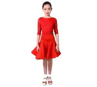 purpleq Robe de Danse Latine en Dentelle pour Filles, Tenue Professionnelle pour Salsa, cha-cha, Valse, Tango, Costume d'entraînement pour Tout-Petits,Rouge,L