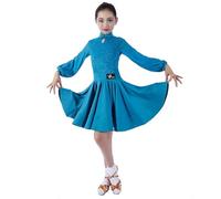 purpleq Robe de Danse Latine pour Filles avec col de Qipao et Manches Lanterne, Tenue Professionnelle de Tango, Salsa et cha-cha,Bleu,XL