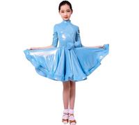 purpleq Robe de Danse Latine pour Filles en Cuir Verni Brillant, Tenue Professionnelle pour Salsa, cha-cha, Valse, Tango et entraînement,Bleu,3XL