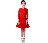 purpleq Robe de Danse Latine pour Filles Enfants, Tenue Professionnelle pour Tango, Salsa, cha-cha, Danse de Salon, fête et compétition,Rouge,L