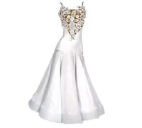 purpleq Robe de Danse Longue à Bal pour Femme avec Bretelles Blanches Sexy, Dos Nu, Moderne, Valse, Grande Jupe à Grandes Volants.,Blanc,S