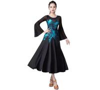 purpleq Valse Moderne Standard Robe de Danse de Salon Compétition Léopard Manches Longues Cha Cha Tango Grande Jupe Swing,Bleu,3XL