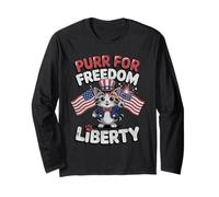 Purr For Freedom Chaton tenant des drapeaux américains étincelants Manche Longue