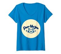 Purr Like You : Graphique Mignon Amoureux des Chats T-Shirt avec Col en V, Femme, Saphir, M