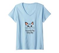 Purr-Perfect Day Every Day Cat Lover Citation T-Shirt avec Col en V, Femme, Bleu Céleste, L