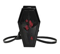 Purs à Main de Cercueil Halloween Purse pour Femmes PU Leather Gothic Gothic Halloween Coffin Crosse & Rose Rose Rose Cosplay Coffin Goth Crossbody Sac avec bandoulière réglable