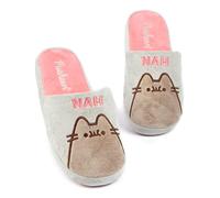 Pusheen Chaussons pour femmes | Chaussons pour adultes et adolescents, gris NAH ou marron, motif chat en peluche | Mules à enfiler, motif animal de dessin animé