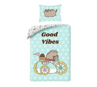 Pusheen Good Vibes Housse de Couette 140x200 + Taie 65x65 100% Coton Cadeau | Parure de lit réversible 1 personne | Coton naturel respirant | Licence officielle | Ado & adulte | Cadeau | Idée cadeau