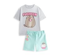 Pusheen the Cat Girls Ensemble t-shirt et short gris | Tee-shirt graphique Pusheen vert menthe avec ceinture élastique | Vêtements décontractés à manches courtes | Pusheen Merch - 9-10 ans