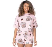 Pusheen the Cat Pyjamas pour Femmes | Adultes Dames T-Shirt Croppé avec Short Bottoms Pjs | Pastel Rose Cartoon Chat Mangeant des sushis | Marchandise de Personnage