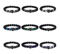 PUSOKEI Bracelet en Perles avec Breloque Tête de Loup, Pierre de Lave, Anti-anxiété, énergie, pour (E Flash FD4416-LabRadorite)