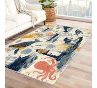 PUSRDEO Tapis au Design de Jardin Fleuri Pieuvre Usage Appartement, Séjour, Couloir, Lavable Machine, Confort(Blanc)-180x270cm
