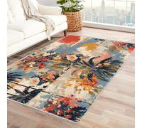 PUSRDEO Tapis avec Motif Fleuri et Couleurs Vives Tropique Tapis Dense, Salon, Salle À Manger, Dos Caoutchouc, Durable(Bleu)-90x120cm