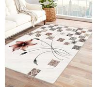 PUSRDEO Unique Patchwork Square Pattern Soft Carpet Fleur Et Tige pour Séjour, Bureau, Cuisine, Antidérapant, Facile Laver(Blanc)-180x240cm