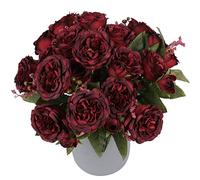 Pusuny Lot de 4 pivoines artificielles pour décoration de la Maison et Bouquet de mariée, Fleurs de pivoines artificielles en Vrac pour travaux manuels, Fausses Plantes sans Vase (Rouge Bordeaux)