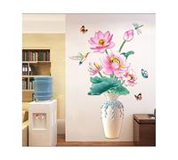 PUTEQINP Autocollants muraux Vase Autocollant Mural Lotus Fleur Poisson décoratif Style Chinois Vintage Fond décor à la Maison Floral Stickers muraux peler et Coller