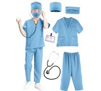 Puteraya Costume de médecin pour enfants - Uniforme chirurgical pour garçons et filles - Dress Up - Halloween et cosplay (bleu clair, 8 à 10 ans, 140 à 150 cm)