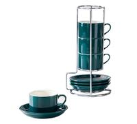 Puthernm Tasses à Cappuccino Empilables en Porcelaine avec Soucoupes et Support en Métal, Tasses à pour Café au Lait, Café de Spécialité E