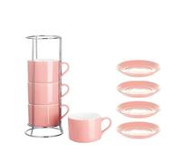 Puthernm Tasses à Cappuccino Empilables en Porcelaine avec Soucoupes et Support en Métal, Tasses à pour Café au Lait, Café de Spécialité C