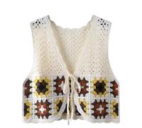 PUTHLLA Débardeur en Crochet Floral pour Femme, Décontracté, Ouvert sur Le Devant, Cardigan Court À Nouer, Bordure en Dentelle Bohème, Col en V Ajouré, Gilet sans Manches, Châle, Cache-Maillot D'Ét