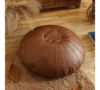 PUTHLLA Pouf Ottoman, Repose-Pieds marocain Confortable Boho Coussin de Sol Repose-Pieds en Similicuir Tabouret Chaise Ronde Fait Main pour Salon-Tan Clair 65x25cm (26x10 Pouces)