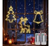 PUTINEI Lumières LED Noël 3 Pièces,Décoration de Noël,Etoiles Sapin de Noëls Rennes,135 LED Guirlande Lumineuse Exterieure Intérieur,8 Modes Guirlande à Pile(Non Inclure) avec Minuterie,Blanc Chaud