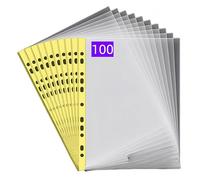 PUTOAHAO 100 Pièces Pochette Plastique A4 Transparente,Pochettes Plastiques Perforées A4 (0.06 mm,60 microns),Format DINA4,20-30 Feuilles,11 Trou pour 2/3/4 Anneaux,pour École,Bureau (Côté jaune,6C)