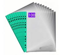 PUTOAHAO 100 Pièces Pochette Plastique A4 Transparente,Pochettes Plastiques Perforées A4 (0.06 mm,60 microns),Format DINA4,20-30 Feuilles,11 Trou pour 2/3/4 Anneaux,pour École,Bureau (Côté vert,6C)