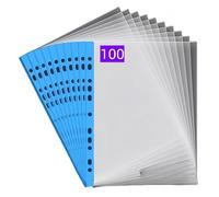 PUTOAHAO 100 Pièces Pochette Plastique A4 Transparente,Pochettes Plastiques Perforées A4 (0.06 mm,60 microns),Format DINA4,20-30 Feuilles,11 Trou pour 2/3/4 Anneaux,pour École,Bureau (Côté bleues,6C)