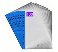 PUTOAHAO 100 Pochette Plastique A4 Transparente,Pochettes Plastiques Perforées A4 (0.06 mm),Format DINA4,20-30 Feuilles,11 Trou pour 2/3/4 Anneaux,pour École,Bureau,Famille (Côté bleues + transparent)
