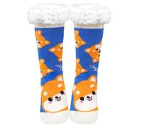 PUTUO Chaussettes moelleuses pour femme - Chaudes - Doublure en polaire thermique - Motif animaux de dessin animé - Antidérapantes - 37-42, Visages Shiba Bleus, 36/41 EU