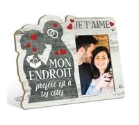 Putuo Decor Cadre Photo Saint-Valentin « Je t’Aime » Style Bois patiné, Motif Couple cœurs bagues, Citation « Mon Endroit préféré est à tes côtés », décoration Romantique pour Chambre Salon
