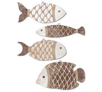 Putuo Decor Décoration Murale Poissons Style Marin, Lot de 4 Poissons Effet Bois Filet, Teintes Naturelles Beige Taupe, déco Bord de mer pour Salle de Bain WC entrée Salon, gîte Maison Vacances