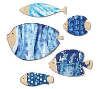 Putuo Decor Lot de 5 décorations murales en forme de poissons, aspect bois, bleu maritime, style côtier, décoration pour salle de bain, invités, WC, cuisine, couloir, salon, mer, couleurs océan