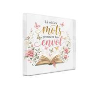 Putuo Decor Plaque Acrylique à Poser carré avec Là où Les Mots prennent Leur envol, Objet déco Acrylique pour bibliothèque Bureau Salle de Classe, idée Cadeau pour Lecteur, 10 x 10 x 1 cm