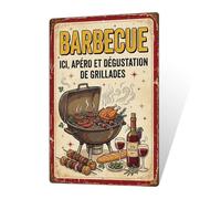 Putuo Decor Plaque Aluminium “Barbecue Ici apéro dégustation de grillades”, Panneau métal Vintage Cuisine d’été, déco Murale terrasse Jardin pergola, Illustration Grill vin Rouge, enseigne BBQ
