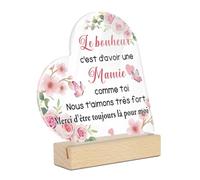 Putuo Decor Plaque Cœur Acrylique sur Socle Bois « Le bonheur c’est d’avoir une Mamie comme toi », Décoration Fleurs Roses, Cadeau Fête Grand-Mère Anniversaire Noël, Ornement Table Bureau Salon