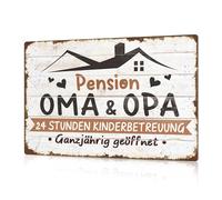 Putuo Decor Plaque en métal Pension Oma & Opa | 24 heures de garde d'enfants | Plaque en tôle vintage décorative pour maison familiale | Ouvert toute l'année