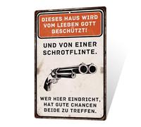 Putuo Decor Plaque en tôle - Cette maison est protégée par Dieu et une arme de chasse - Plaque d'avertissement humoristique