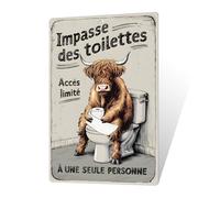 Putuo Decor Plaque Métallique "Impasse des Toilettes Accès Limité à une Seule Personne" Plaque Humour Toilette avec Illustration Humoristique de Vache Highland Décoration pour Salle de Bain Toilettes